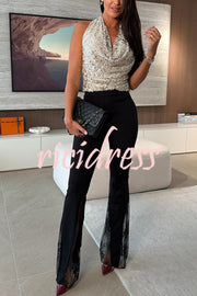 Dazzling Night Sequin Halter Cowl Neck Backless Tank