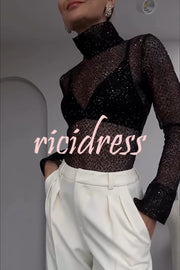 Shimmering Twilight Sequin Turtleneck Long Slit Sleeve H-line Blouse