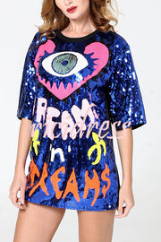 Love Eyes Letters Sequined Round Neck Short Sleeve Mid-Length Loose T-Shirt