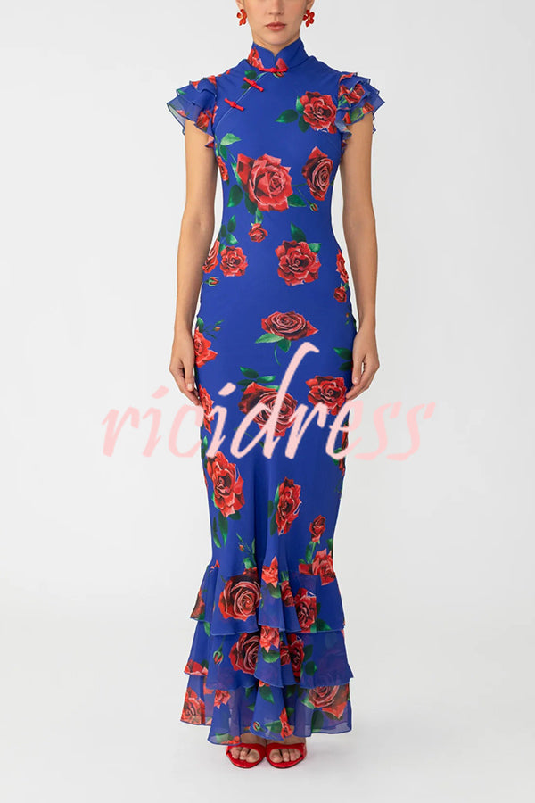 Cheongsam Style Rose Print Layered Trumpet Sleeves Stand Collar Maxi Dress