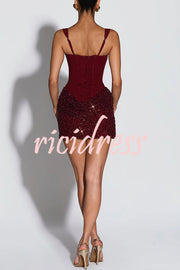 Yeona Square Neck Back Lace-up Sequin Embroidery Drape Hem Mini Dress