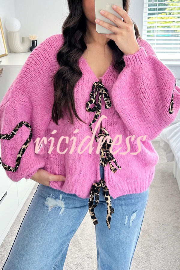 Fashionable Loose Long-sleeved Leopard Print Lace-up Knitted Sweater Cardigan