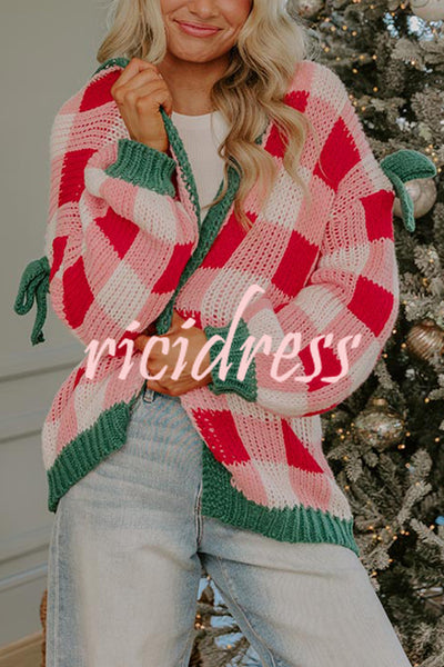 Holiday Cozy Checkered Knit Color-blocked Plaid Bow Long-sleeved Cardigan