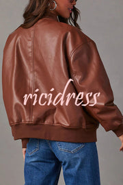 Solid Color Long Sleeve Loose Pocket Leather Jacket