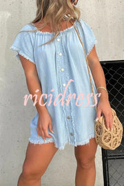 Fashionable Off Shoulder Short-sleeved Loose Denim Mini Dress