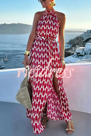 Unique Printed Sleeveless Halterneck Tie-waist Slit Maxi Dress