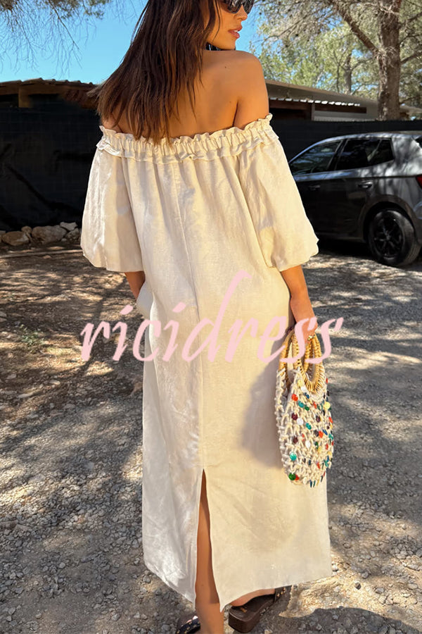 Sunveil Linen Blend Unique Print Puff Sleeve Pocket Strapless Maxi Dress