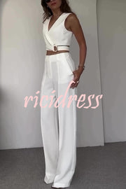 Crossover Slim Fit Sleeveless Vest and High Waisted Wide Leg Pants Set