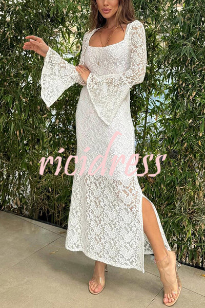 Luxe Lifestyle Lace Square Neck Bell Sleeve Lined Slit Midi Dress