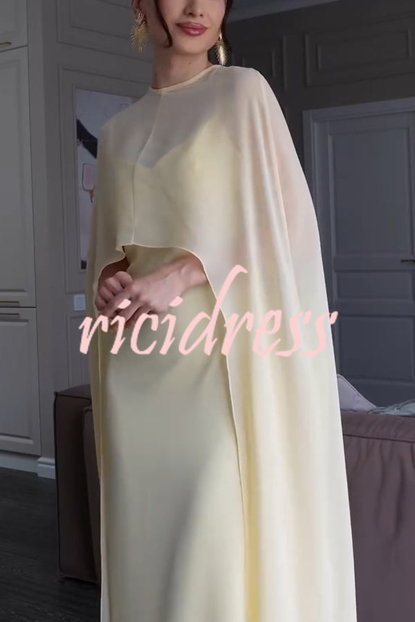 Moonlit Muse Sheer Chiffon High Low Cape Slip Maxi Dress