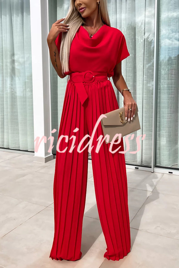 Ivy Cowl Neck Short Sleeve Belt Pleated Loose Wide Leg Jumpsuit