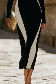 Stylish Color-blocked Long-sleeved Slim-fit Knit Maxi Dress