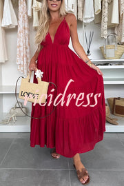 Bohemian Style V-neck Backless Slip Layered Vacation Maxi Dress