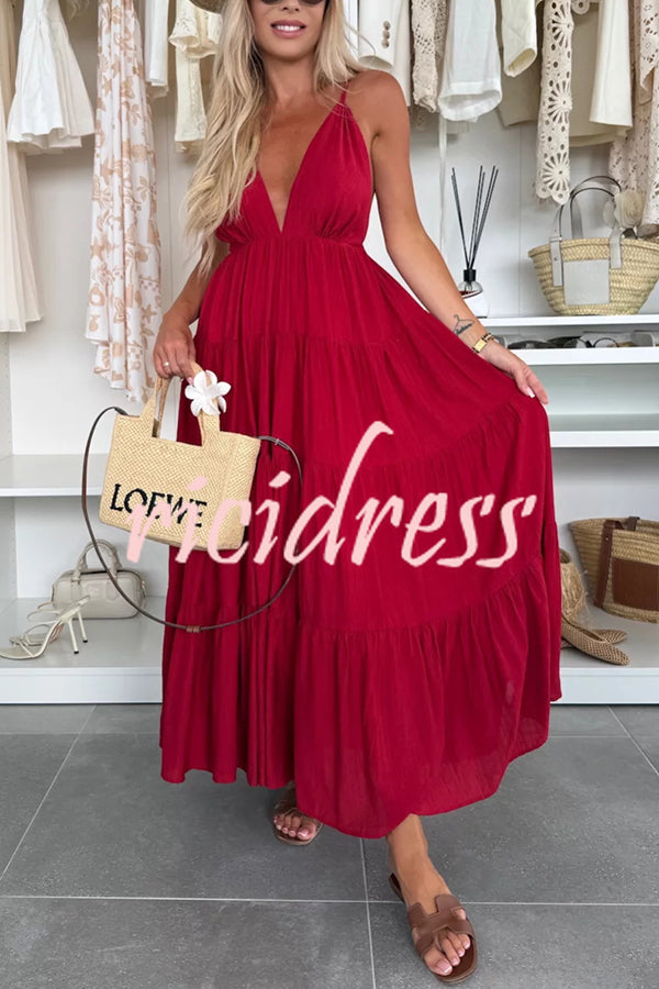 Bohemian Style V-neck Backless Slip Layered Vacation Maxi Dress