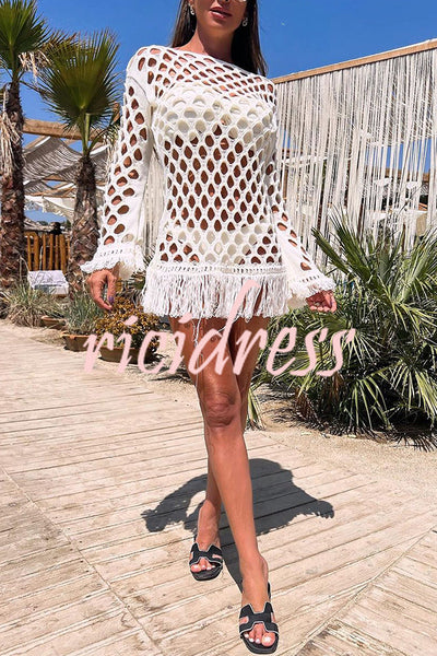 Beautiful Long Sleeved Pullover Fringed Mesh Cover Up
