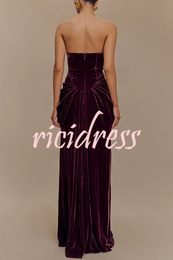Paige Velvet Off Shoulder Side Pleated Hip Drape Maxi Dress