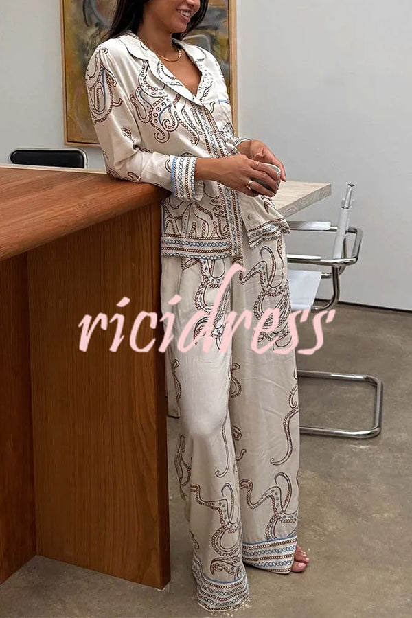 Calm Seas Line Octopus Unique Print Loose Shirt and Elastic Waist Pocketed Pajama Set
