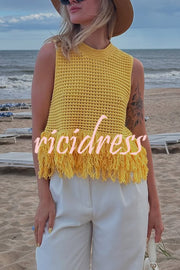 Solid Color Round Neck Sleeveless Hollow Tassel Loose Vest