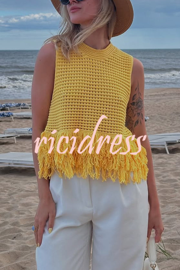 Solid Color Round Neck Sleeveless Hollow Tassel Loose Vest