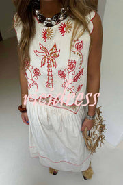 Sunny Day Linen Blend Contrast Embroidered Print Scallop Trim Lace-up Top