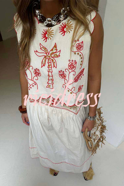 Sunny Day Linen Blend Contrast Embroidered Print Scallop Trim Lace-up Top