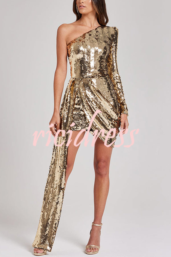 Party Season Sequin One Shoulder Asymmetrical Drape Hem Mini Dress