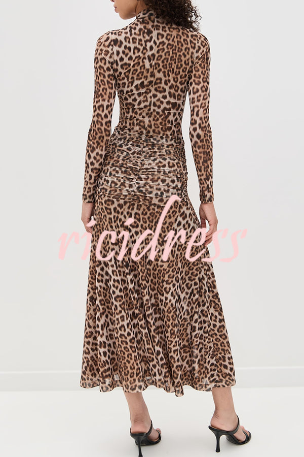 Revina Mesh Leopard Print Mock Neck Gathered Waist Long Sleeve Stretch Midi Dress