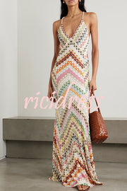 Missoni Summer Knit Colorful Herringbone Print Open Beck Maxi Dress