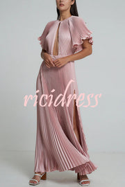 Flash Goddess Satin Pleated Bell Sleeve Cutout Detail Gown Maxi Dress