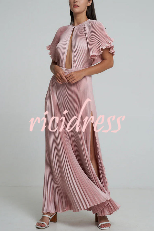 Flash Goddess Satin Pleated Bell Sleeve Cutout Detail Gown Maxi Dress