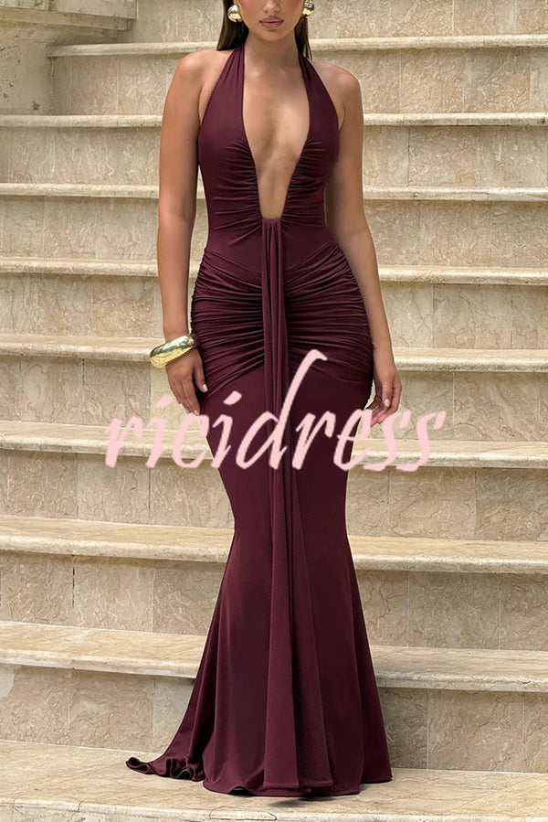 Solid Color Elegant Halterneck V-neck Open Back Tie Gathered Maxi Dress