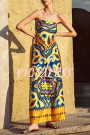 Ethnic Style Unique Print Tube Top and Elastic Waist Casual Pocket Wide Leg Pants Set