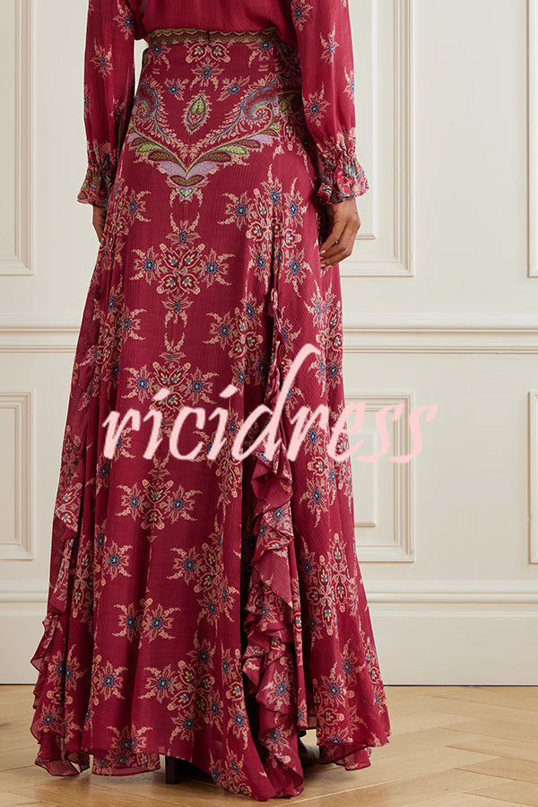 Unique Printed Chiffon Long-sleeved Loose Shirt and Elegant Ruffled Maxi Skirt Set