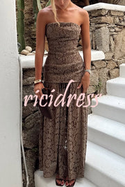 Sepia Kiss Floral Lace Off Shoulder Flowing Hem Maxi Dress