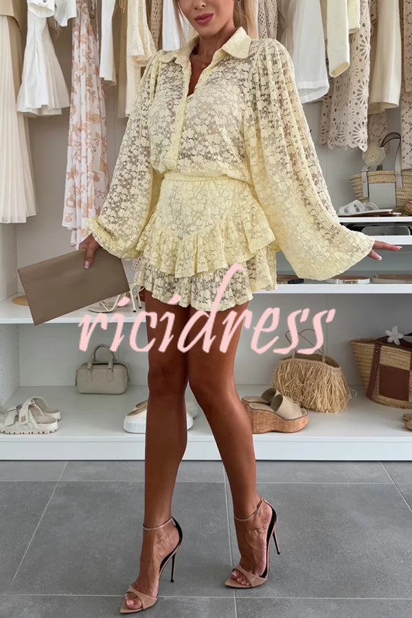 Nicola Lace Long Balloon Sleeve Blouse and Elastic Waist Layered Skort Set