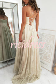 Cinderella Glitter Tulle Fabric Cowl Neck Back Lace-up Pocketed Slit Maxi Dress