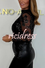 Chelsea Sheer Flower Sequin Detail Mock Neck Long Sleeve Stretch Top