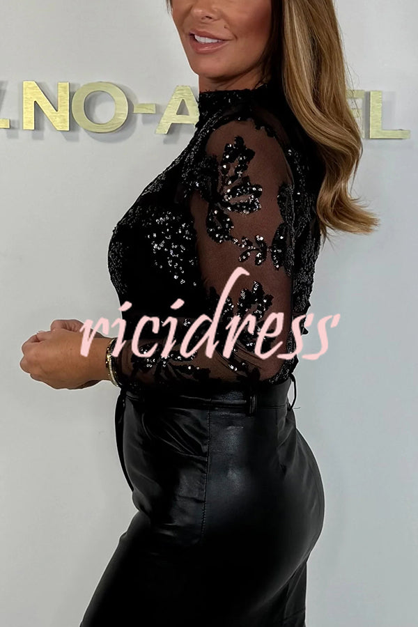 Chelsea Sheer Flower Sequin Detail Mock Neck Long Sleeve Stretch Top