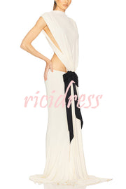 Sexy Open Back Bow Embellished Elegant Fishtail Maxi Dress