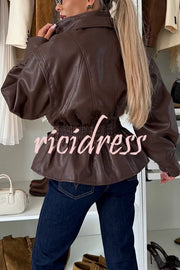 Play It Cool Faux Leather Single Button Elastic Waist Lapel Moto Jacket