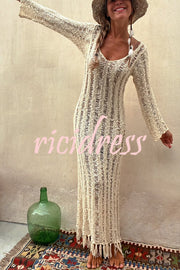 Somewhere Sunny Hollow Out Tassel Long Sleeve Knit Beach Maxi Dress