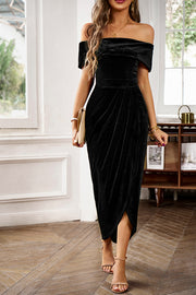Solid Color Velvet Off-shoulder Slim-fit Elegant Slit Midi Dress