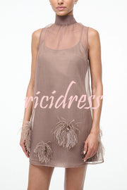 Playful Charm Sheer Chiffon Embellished Feather Back Bow H-line Mini Dress