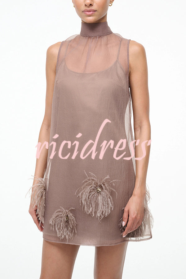 Playful Charm Sheer Chiffon Embellished Feather Back Bow H-line Mini Dress