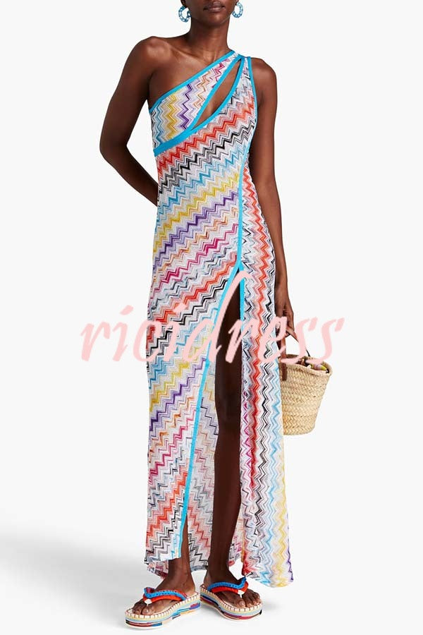 Ivanie Knit Colorful Zigzag Pattern One Shoulder Cutout Slit Maxi Dress