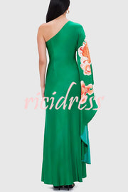 Elegance and Grace Satin Dragon Print One Shoulder Drape Sleeve Maxi Dress