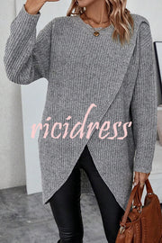 Essence Solid Wrap Hem Knitted Long Sleeve Midi Sweater