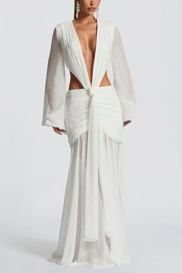 Deep Memories Chiffon Balloon Sleeve Cutout Ruched Drape Maxi Dress