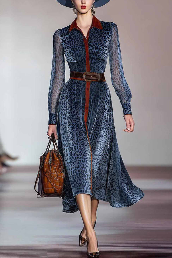 Stylish Leopard Print Long-sleeved Fitted Waist Elegant Midi Dress