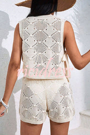 Solid Color Sleeveless Tie Knitted Vest and Loose Elastic Waist Drawstring Shorts Set